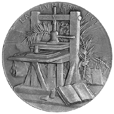 Rückseite einer Medaille auf die Erfindung des Buchdrucks