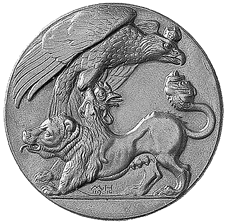 Satirische Medaille auf den Beginn des Ersten Weltkrieges mit der Darstellung einer Chimäre.