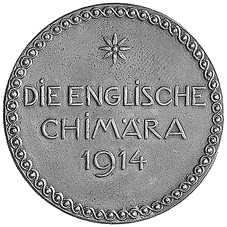 Satirische Medaille auf den Beginn des Ersten Weltkrieges mit der Darstellung einer Chimäre.