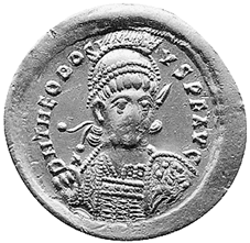 Thronende Constantinopolis mit Kreuzglobus und Zepter