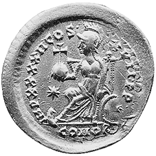 Thronende Constantinopolis mit Kreuzglobus und Zepter