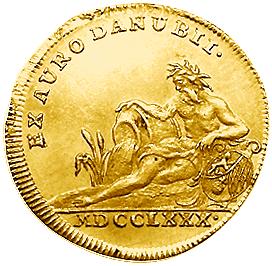 Die Rückseite eines Donaugold-Dukaten