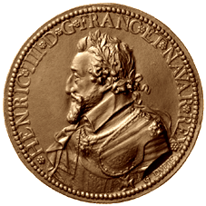 Portraitseite einer Bronzemedaille mit dem Abbild von Heinrich IV.
