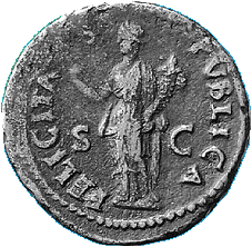 Darstellung der Felicitas auf einem Dupondius des Vespasian