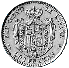 Nachpraegung 1962 eines spanischen 20-Pesetas-Stueckes von 1896