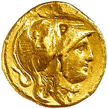 Darstellung der Nike auf einem Gold-Stater Alexanders des Großen