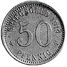 Vorderseite einer Notgeldmünze der Stadt Ahlen im Wert von 50 Pfennig