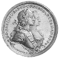 Vorderseite der Medaille 1747 von Schega auf die Vermählung Maximilians III.Joseph von Bayern mit Maria Anna von Sachsen