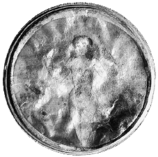 Schraubtaler mit im Deckel eingeklebtem Bild und Glimmerblaettchen-Einlage