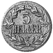 5 Heller 1916 mit Münzzeichen T = Tabora
