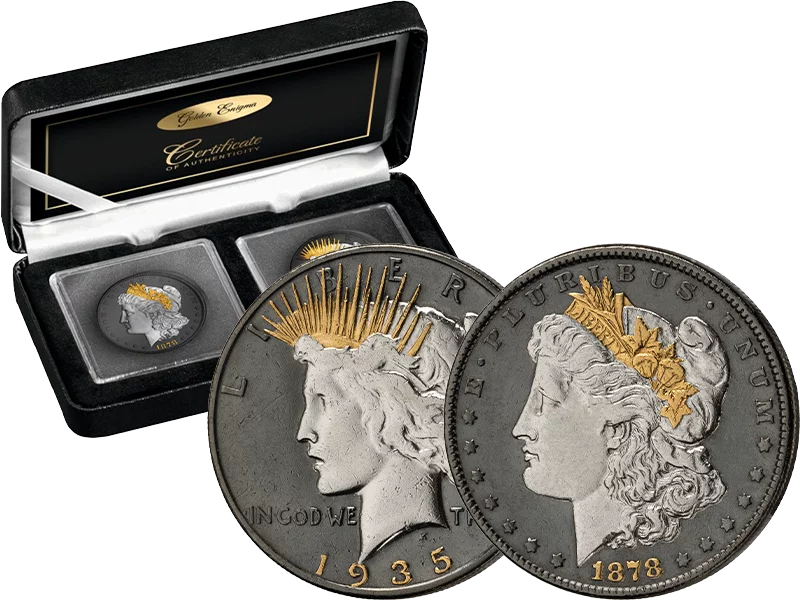 2 x 1 Dollar USA Morgan Dollar 1878 & Peace Dollar 1935 Golden Enigma Premium Edition