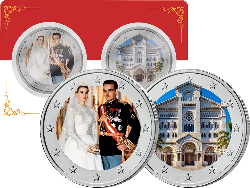 2 x 2-Euro-Künstlerausgaben 70. Hochzeitstag Grace Kelly und Rainer von Monaco