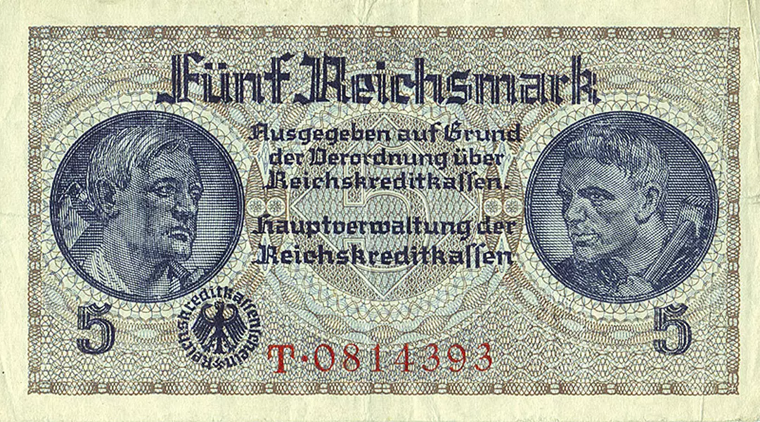 5 Reichsmark Deutschland Reichskreditkassenschein Berliner Ehrenmal 1939-1944
