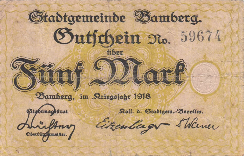 5 Mark Bamberg Kriegsnotgeldschein 1918