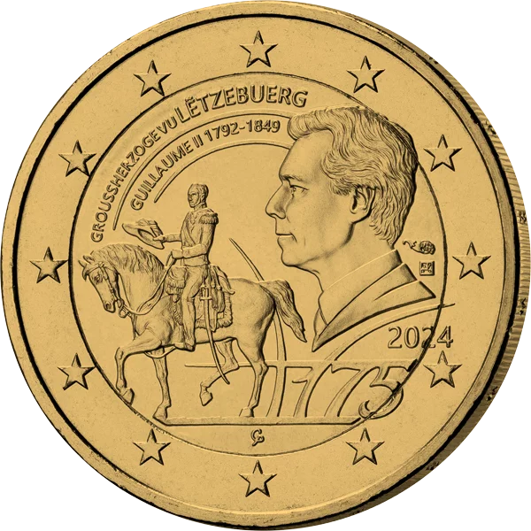2-Euro-Gedenkmünze Luxemburg Großherzog Guillaume II. 2024 als vollvergoldete Premiumausgabe