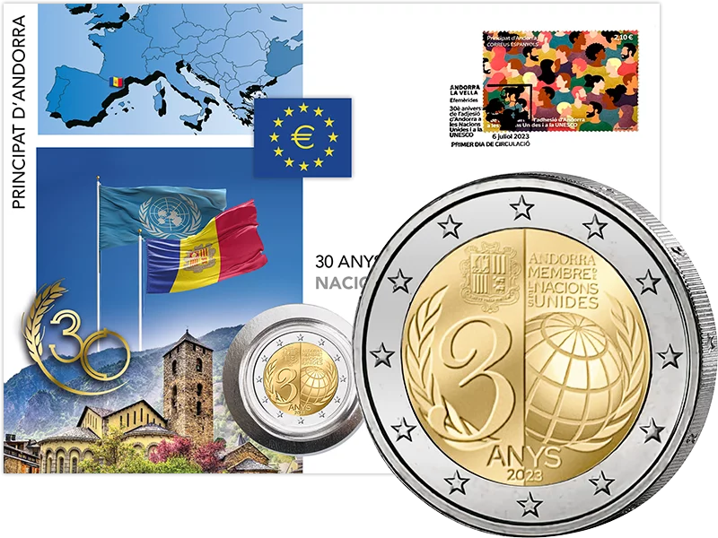 2 Euro Numisbrief Andorra 30 Jahre Beitritt UN 2023