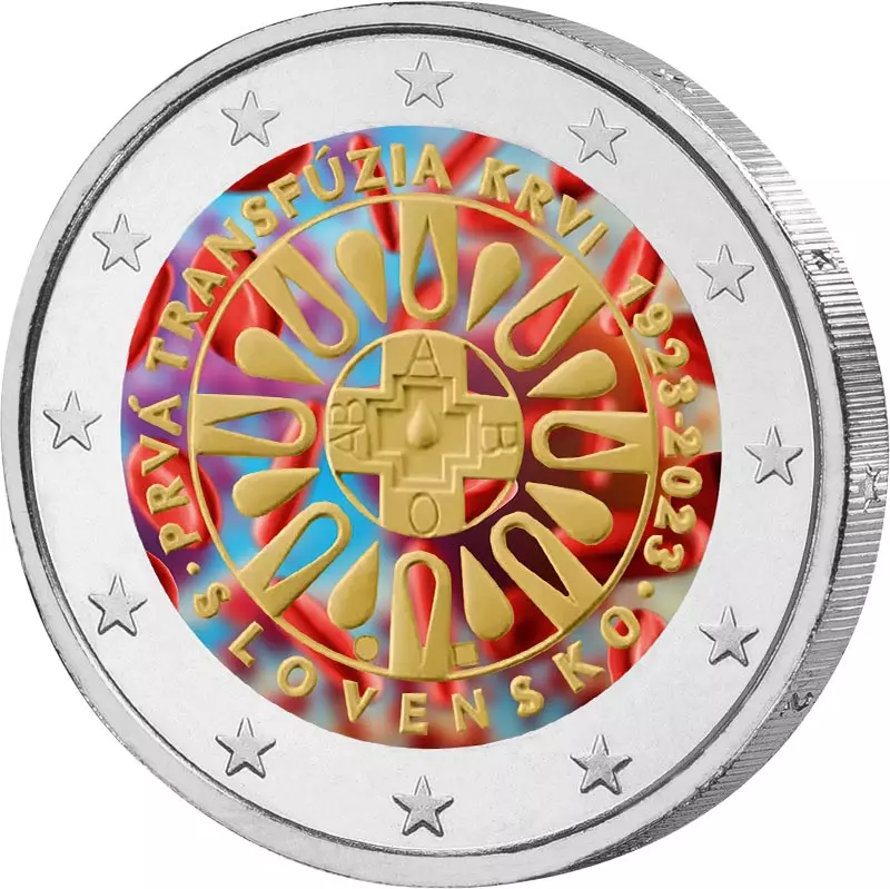 2 Euro Slowakei 100 Jahre Bluttransfussion 2023 mit Farb-Applikation