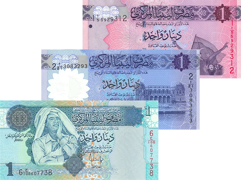 3er Set 3 x 1 Dinar Libyen Banknoten 2004, 2013 und 2019