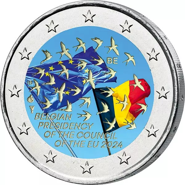 2 Euro Belgien EU-Ratspräsidenschaft 2024 mit Farb-Applikation