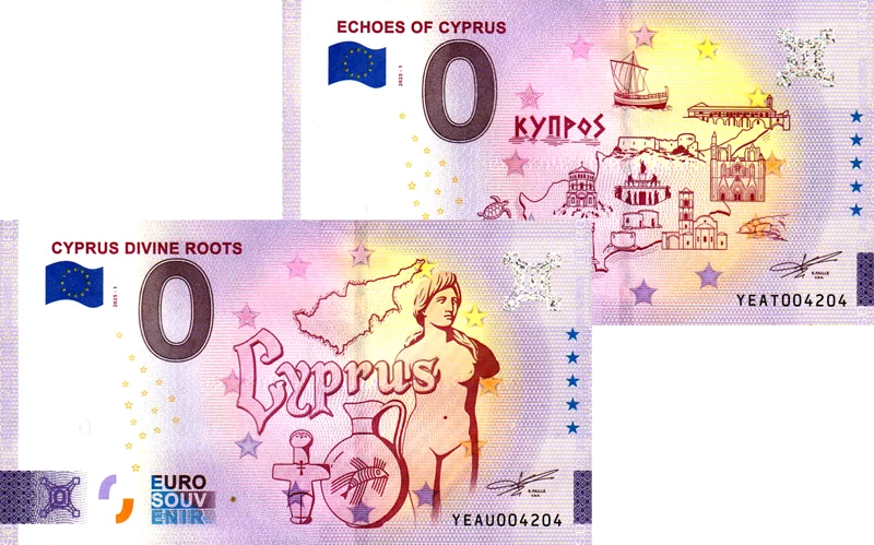 2er Set 0-Euro-Banknoten Zypern Echoes of Cyprus und Divine Roots 2025