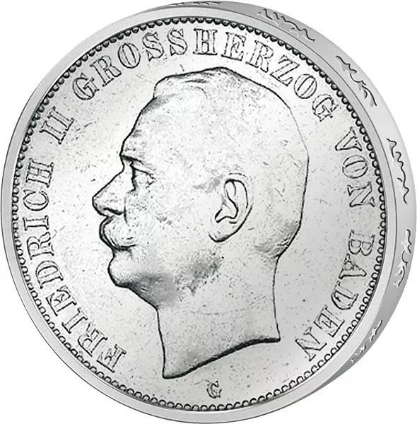 5 Mark Baden Großherzog Friedrich II. 1908-1913 sehr schön 5 Mark Baden Großherzog Friedrich II. 1908-1913 sehr schön
