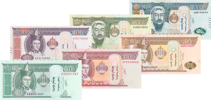 10 - 1.000 Tögrög Banknotensatz Mongolei 2000-2023