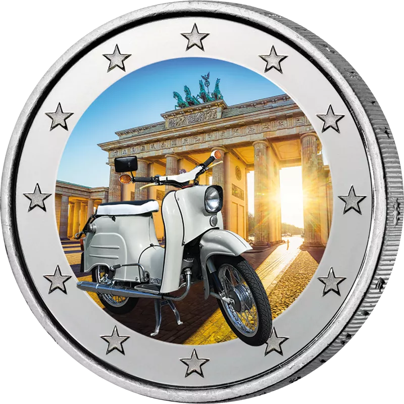 2-Euro-Künstlerausgabe Kult-Schwalbe vor Brandenburger Tor