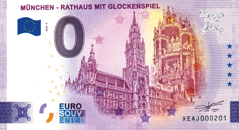 0-Euro-Banknote BRD München Rathaus mit Glockenspiel 2022