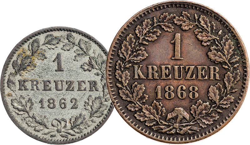 2 x 1 Kreuzer Baden und Württemberg Großherzog Friedrich I und König Karl 1859 - 1873