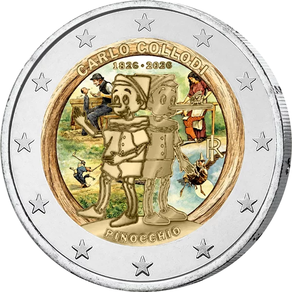 2 Euro Italien 200. Geburtstag Carlo Collodi - Pinocchio 2026 mit Farb-Applikation