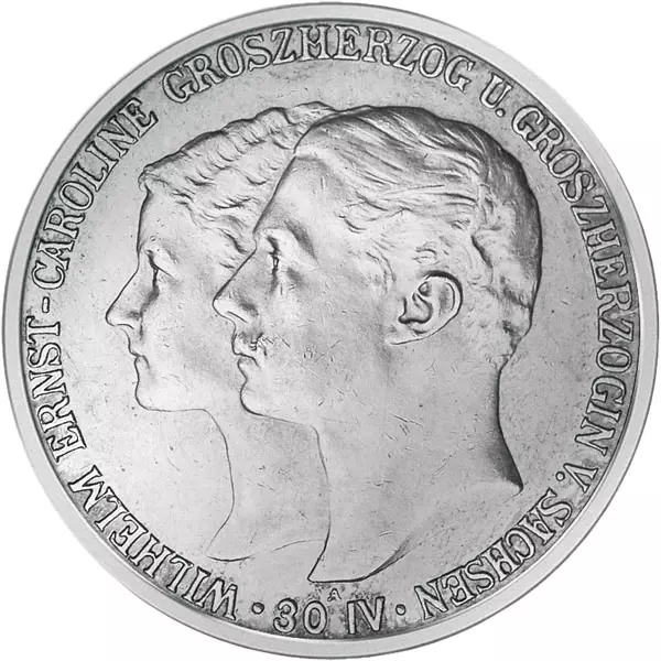 2 Mark Sachsen-Weimar-Eisenach Hochzeit Wilhelm Ernst und Caroline 1903 vorzüglich 2 Mark Sachsen-Weimar-Eisenach Hochzeit Wilhelm Ernst und Caroline 1903 vorzüglich
