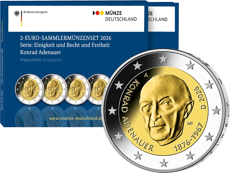 5 x 2 Euro BRD Erster Kanzler - Konrad Adenauer 2026 Polierte Platte (A-J) inkl. Blister
