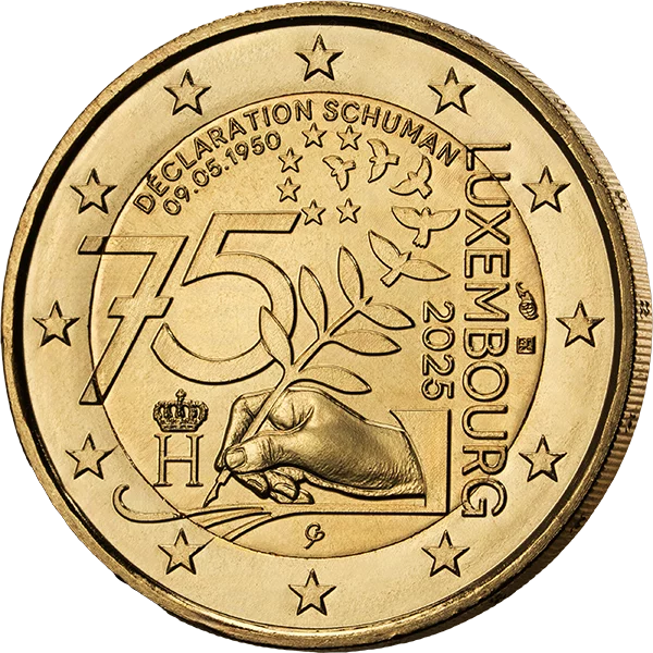 2-Euro-Gedenkmünze Luxemburg 75 Jahre Schumann-Erklärung 2025 als vollvergoldete Premiumausgabe 2-Euro-Gedenkmünze Luxemburg 75 Jahre Schumann-Erklärung 2025 als vollvergoldete Premiumausgabe