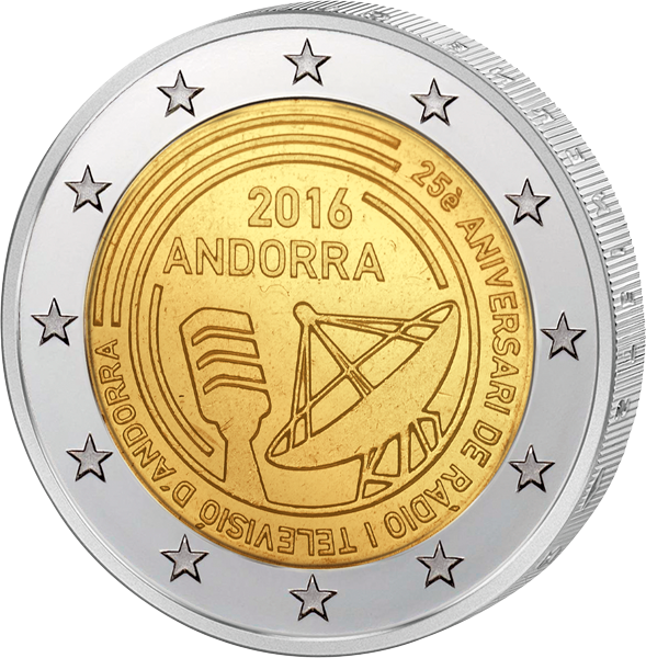 Vorderseite 2 Euro Andorra 25 Jahre öffentlich-rechtlicher Rundfunk in Andorra 2016