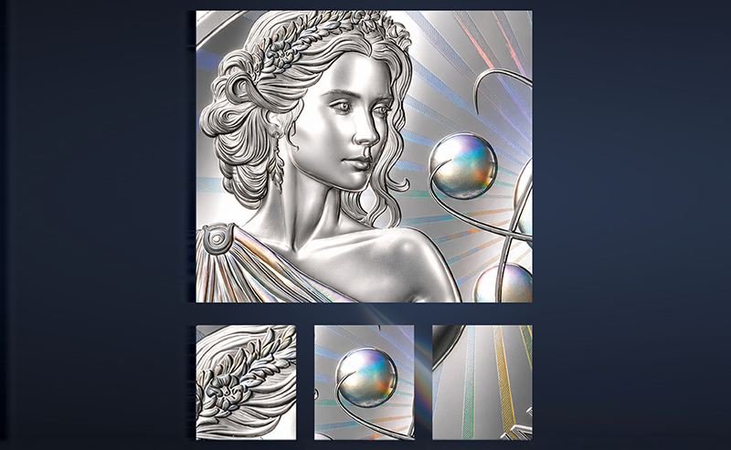 Detailansicht der CANDINOVUM-Münze mit der Platingöttin Platina und einem irisierenden, holografisch wirkenden Farbspektrum.