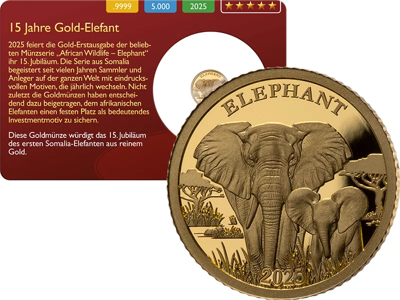 10 Francs Burundi 15 Jahre Gold Elefant 2025 Gold Coin Card