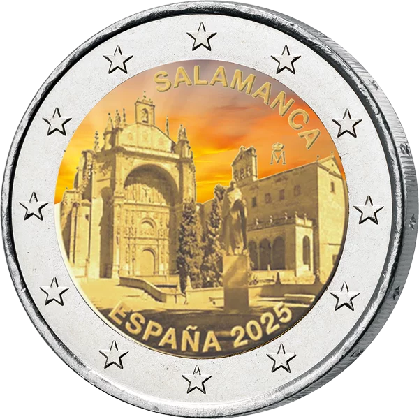 2 Euro Spanien Altstadt von Salamanca 2025 mit Farb-Applikation