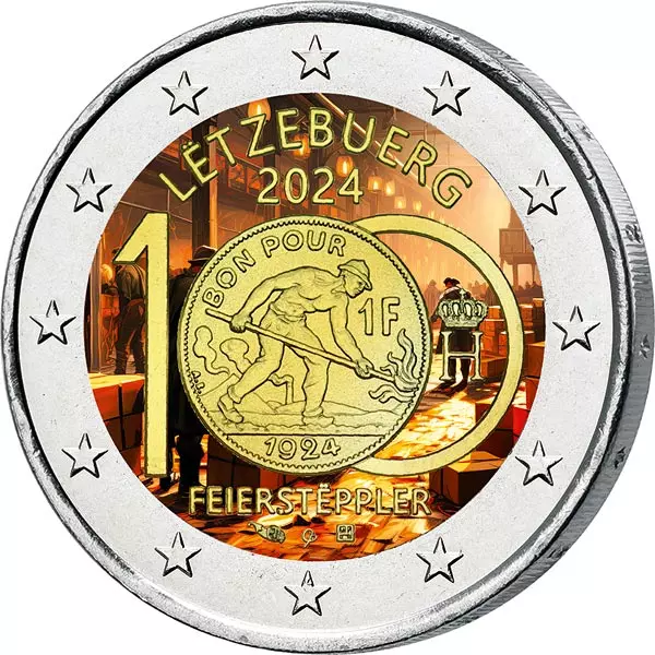 2 Euro Luxemburg 100 Jahre Einführung Franc-Münzen mit dem Feierstëppler 2024 mit Farb-Applikation