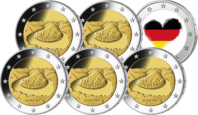5 x 2 Euro BRD Saarland Saarschleife 2025 + 2-Euro-Künstlerausgabe Wir sind Deutschland