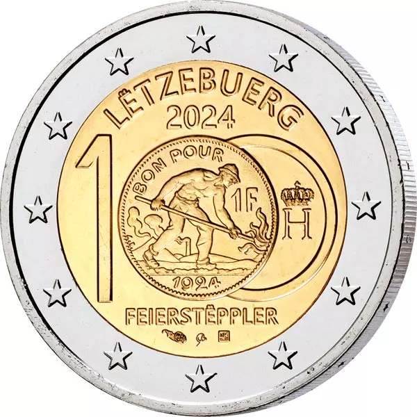 2 Euro Luxemburg 100 Jahre Einführung der Franc-Münzen mit dem Feierstëppler 2024