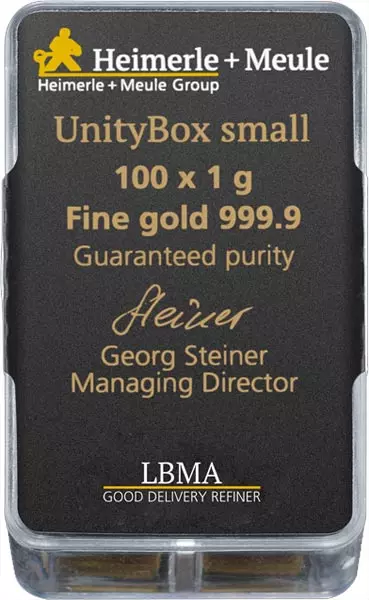 100 x 1 Gramm Goldbarren Heimerle & Meule Unity Box small