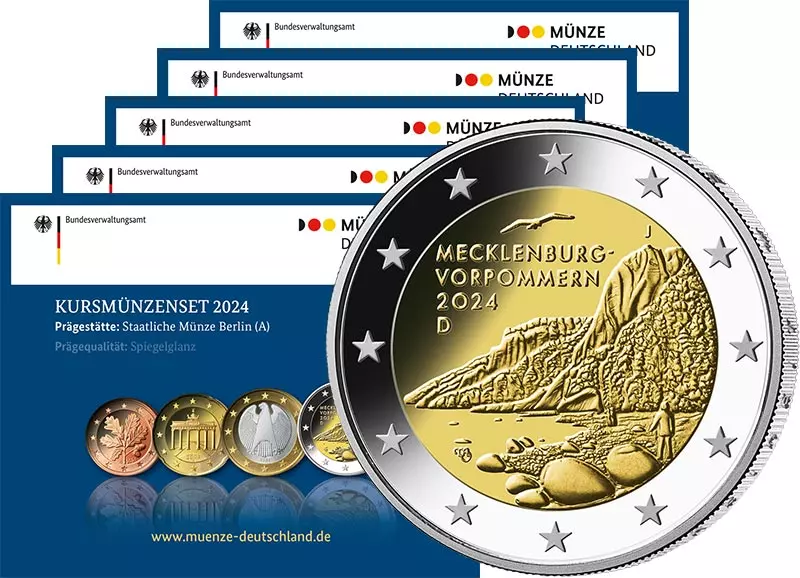 5 x Euro-Kursmünzensätze BRD 2024 Stempelglanz (A - J) in Blistern inkl. 2 Euro Königsstuhl