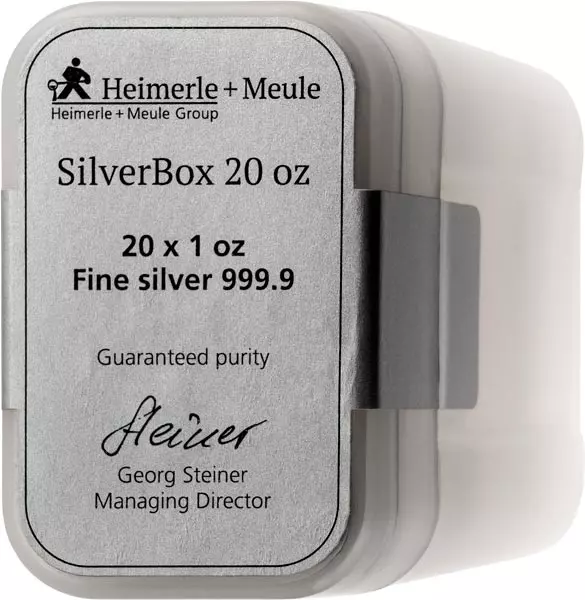 20 x 1 Unze Silberbarren Heimerle & Meule Silver Box