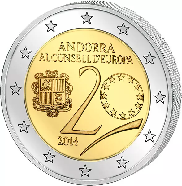 2 Euro Andorra 20. Jahrestag des Beitritts Andorras zum Europarat 2014 Prägefrisch