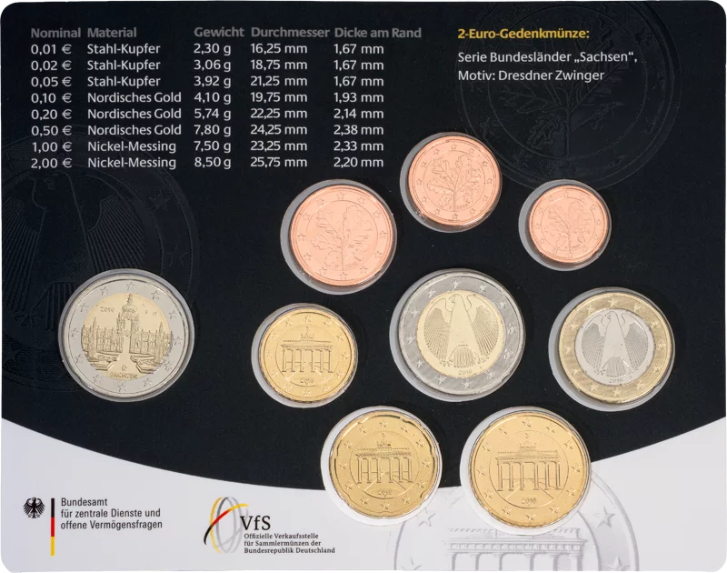 Euro-Kursmünzensatz BRD Sachsen inkl. 2-Euro-Gedenkmünze Dresdner Zwinger 2016 Stempelglanz