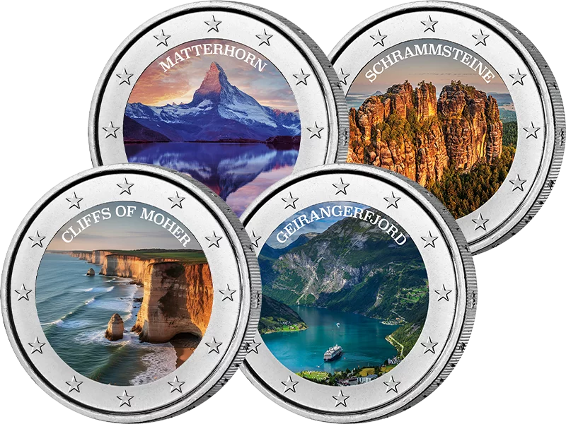 4 x 2 Euro Europas Naturhighlights mit Farb-Applikation