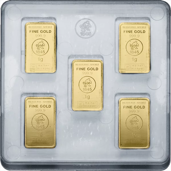 10 x 1 Gramm Goldbarren Heimerle & Meule Unity Box
