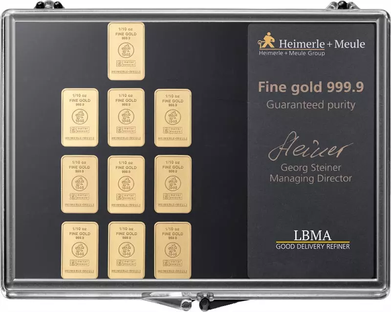 10 x 1/10 Unze Goldbarren Heimerle & Meule Unity Bar Collection
