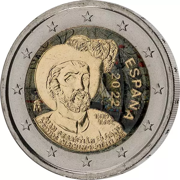 2 Euro Spanien 500 Jahre Vollendung der ersten Weltumsegelung 2022 mit Farb-Applikation