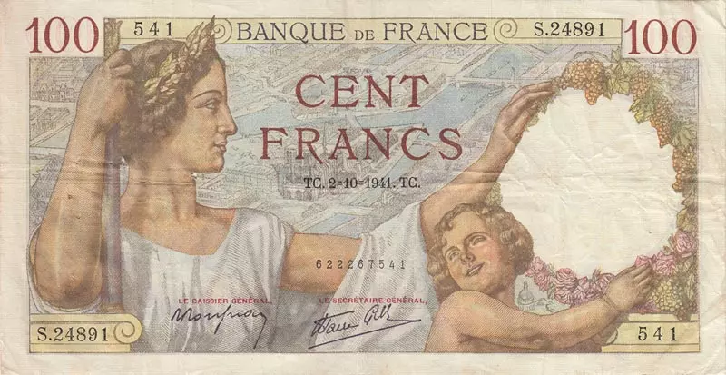 100 Francs Frankreich Banknote Vichy-Regime 1939 - 1942